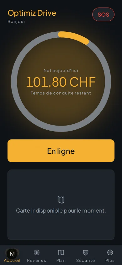 Écran d'accueil : l'Anneau indique le temps de conduite légal restant et le net du jour